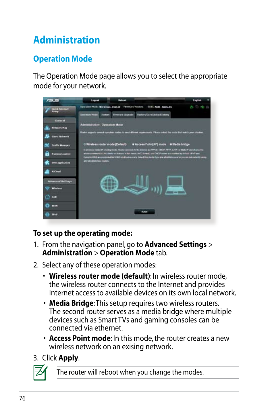 Administration, Operation mode | Asus RT-N14UHP User Manual | Page 76 / 107