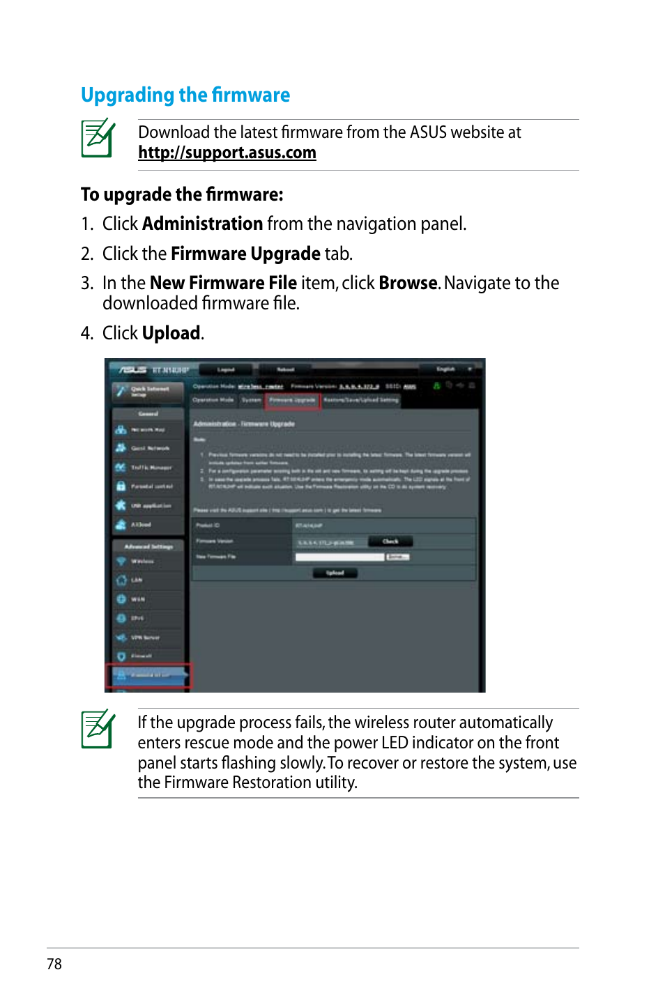 Upgrading the firmware | Asus RT-N14UHP User Manual | Page 78 / 107