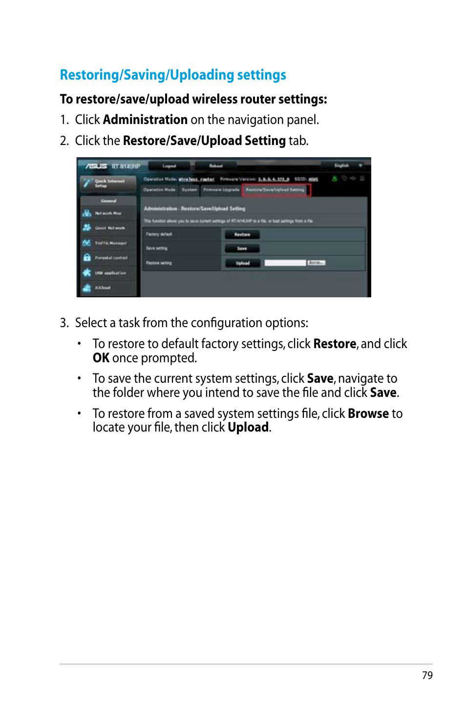 Restoring/saving/uploading settings | Asus RT-N14UHP User Manual | Page 79 / 107