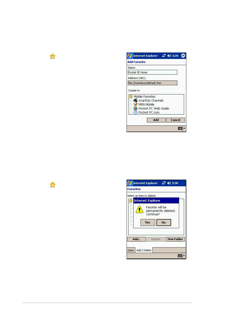 Adding/deleting mobile favorites and folders | Asus MyPal A716 User Manual | Page 116 / 166