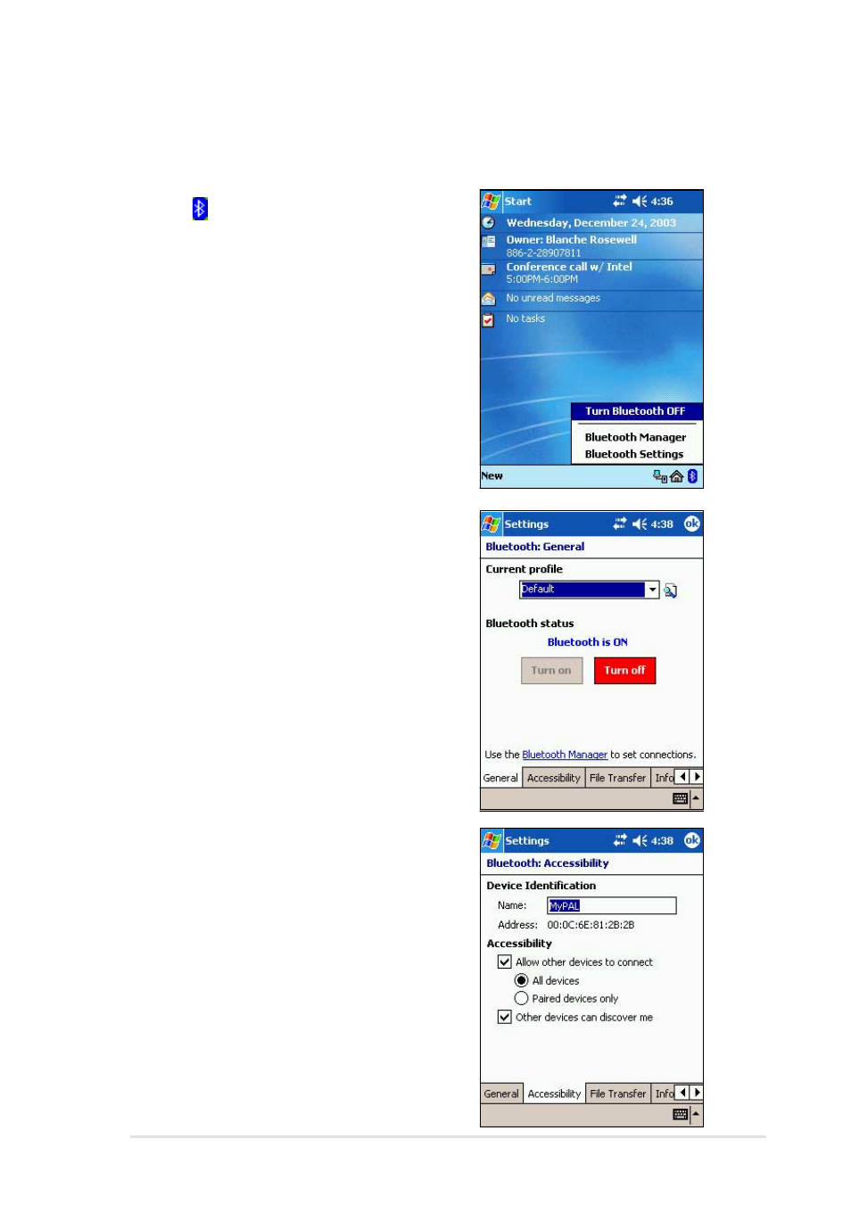 Bluetooth settings, General, Accessibility | Asus MyPal A716 User Manual | Page 133 / 166