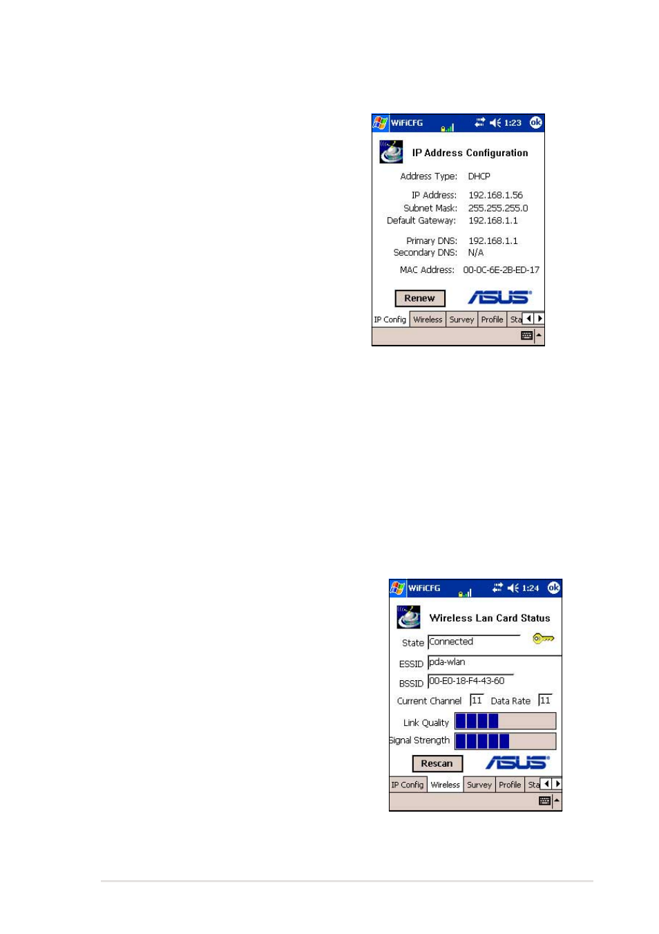 Ip address configuration, Wireless lan card status | Asus MyPal A716 User Manual | Page 153 / 166