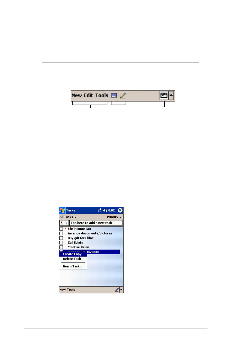 Command bar, Pop-up menus | Asus MyPal A716 User Manual | Page 16 / 166