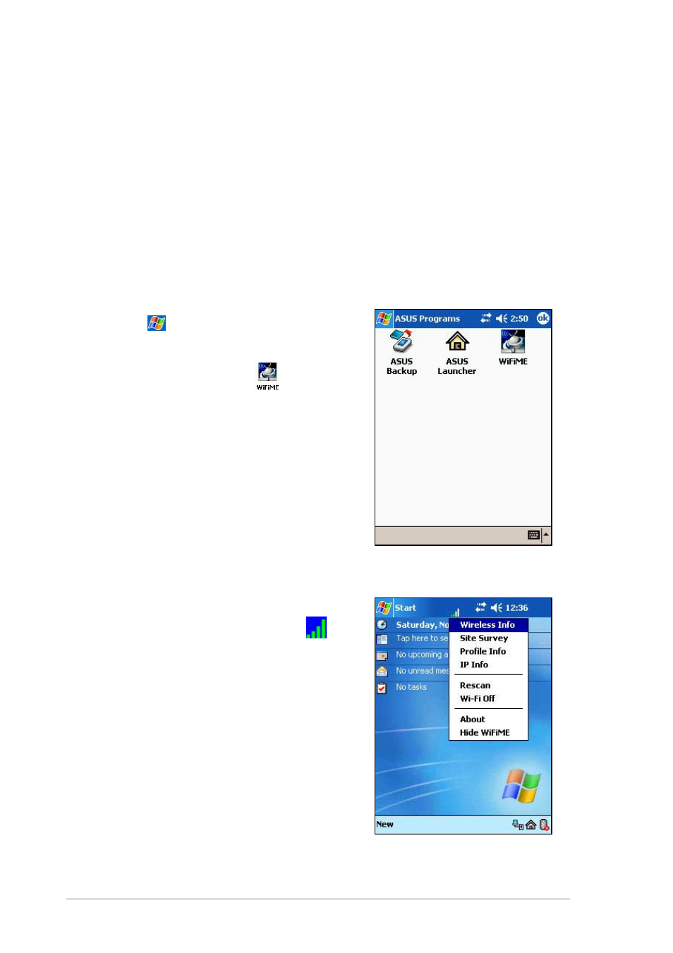 Wifime, Pop-up menu | Asus MyPal A716 User Manual | Page 160 / 166
