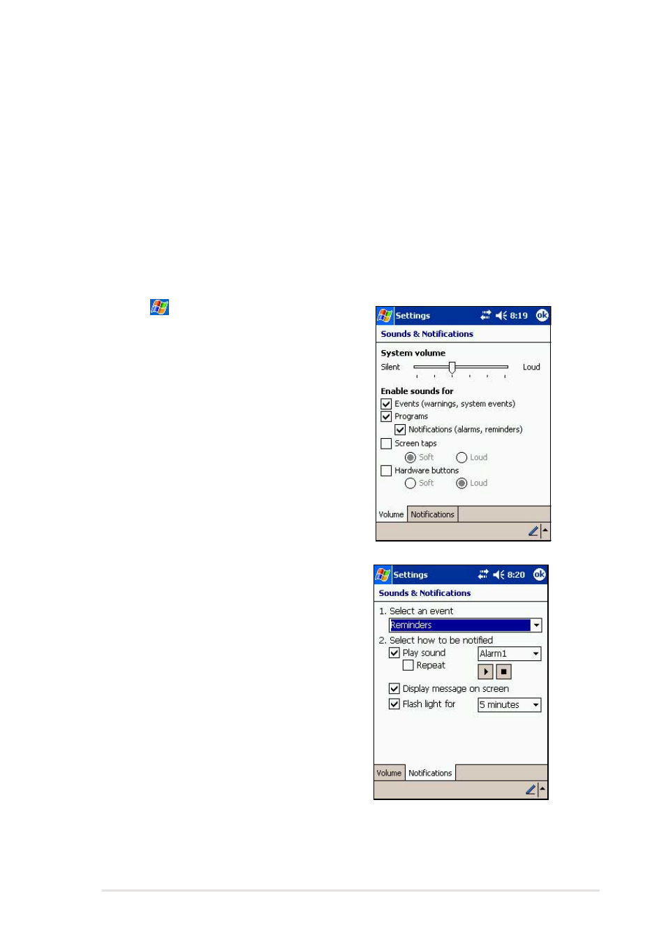 Selecting sounds and notifications | Asus MyPal A716 User Manual | Page 35 / 166