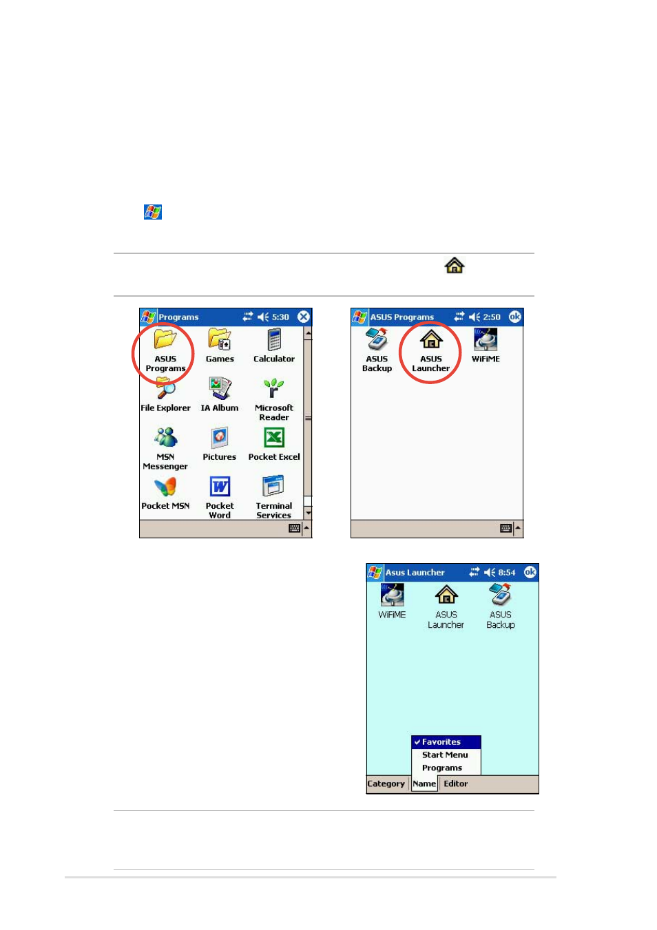Using asus launcher | Asus MyPal A716 User Manual | Page 36 / 166