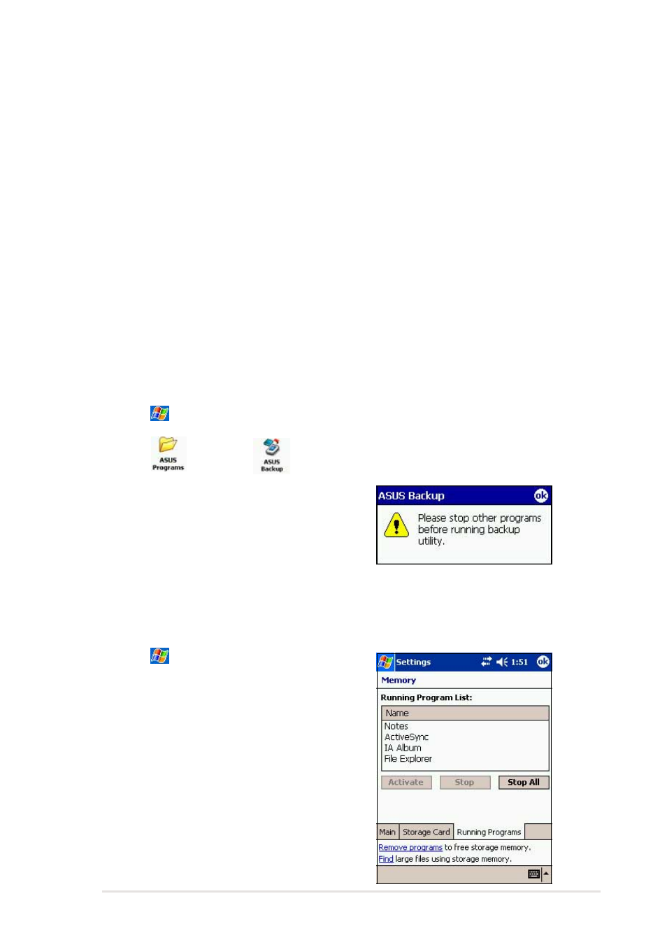 Asus utilities, Asus backup | Asus MyPal A716 User Manual | Page 43 / 166