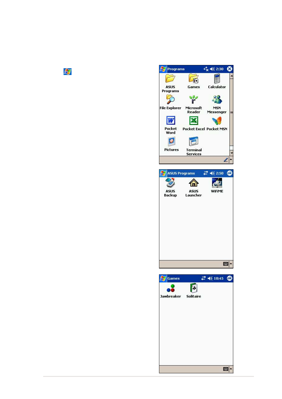 Bundled programs, Asus programs, Games | Asus MyPal A716 User Manual | Page 53 / 166