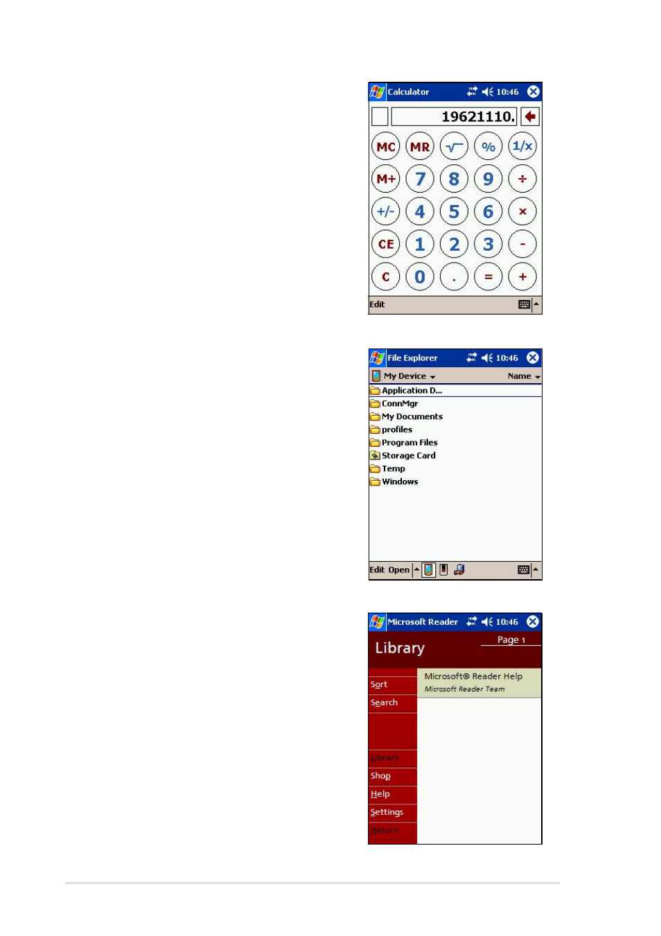 Calculator, File explorer, Microsoft reader | Asus MyPal A716 User Manual | Page 54 / 166