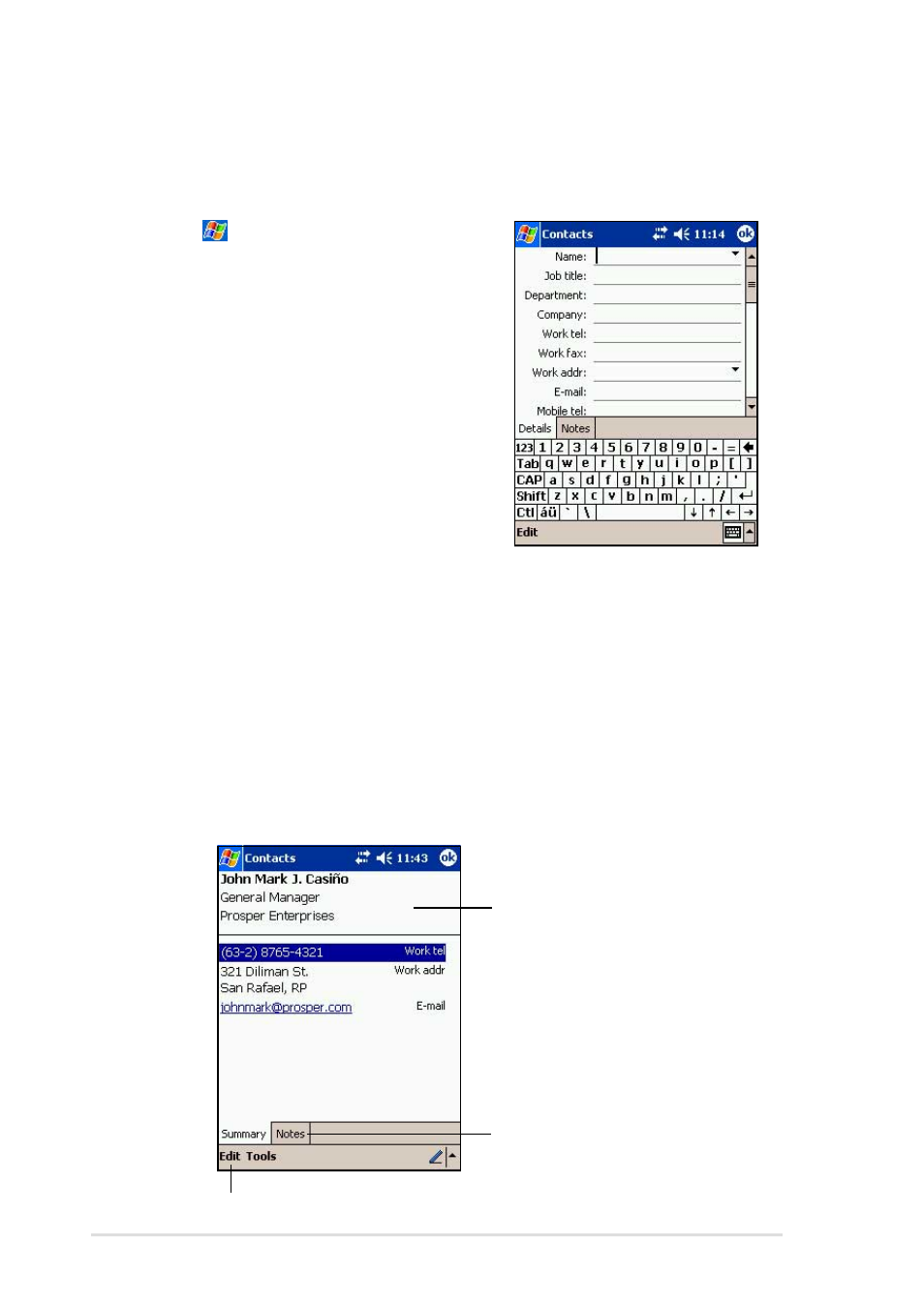 Creating contacts, Using the summary screen | Asus MyPal A716 User Manual | Page 74 / 166