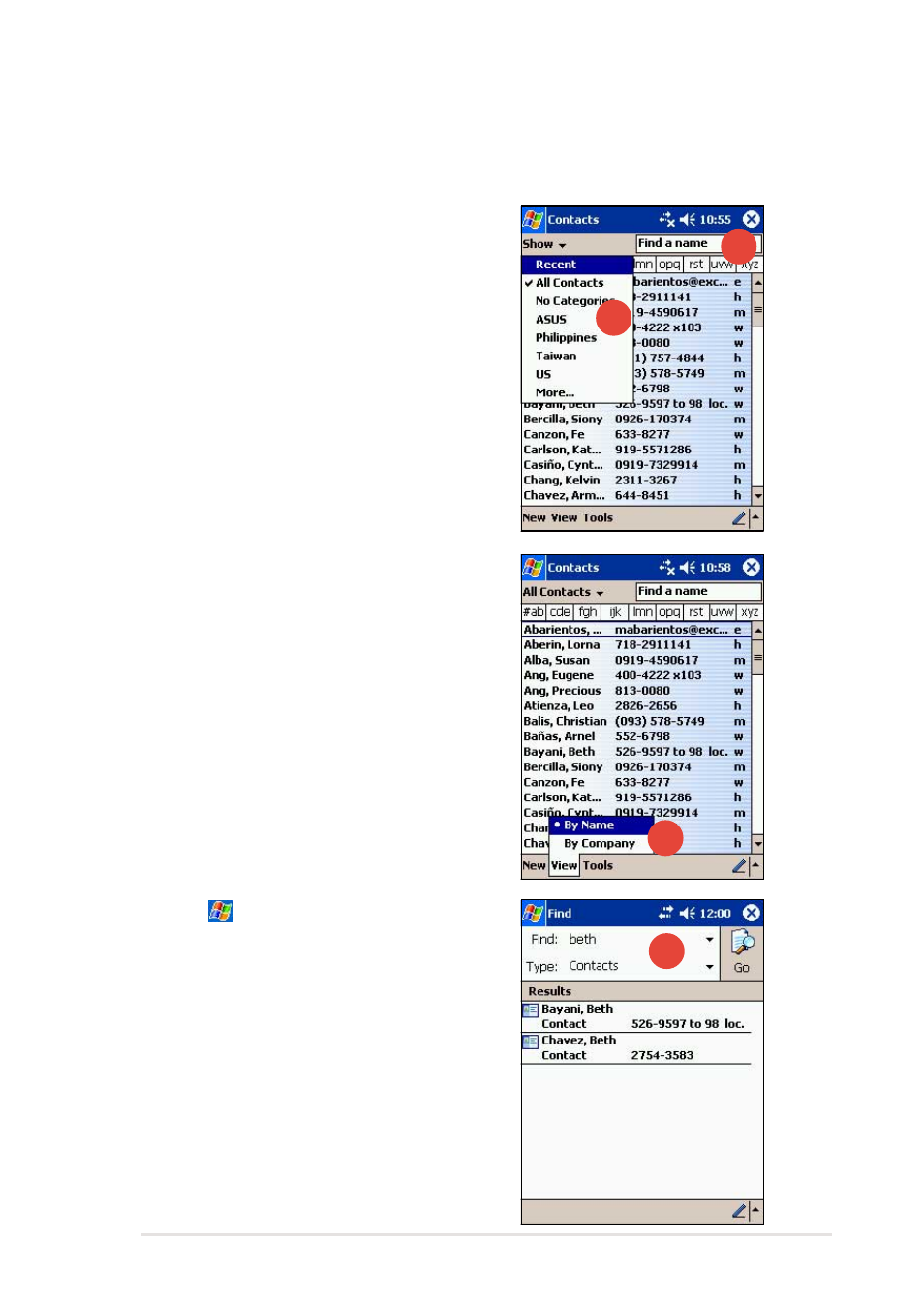Finding a contact | Asus MyPal A716 User Manual | Page 75 / 166