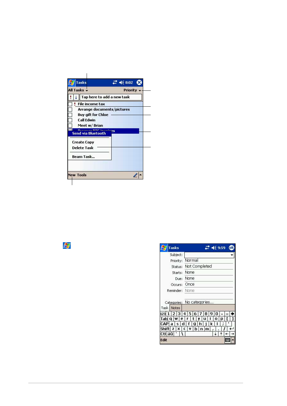 Tasks: keeping a to do list, Creating tasks | Asus MyPal A716 User Manual | Page 76 / 166