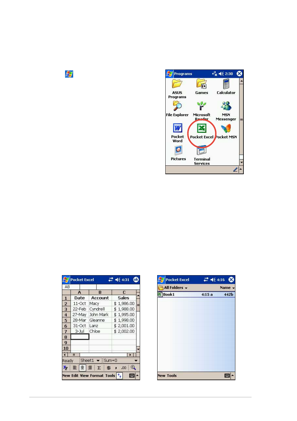Saving pocket excel documents, Creating pocket excel documents | Asus MyPal A716 User Manual | Page 96 / 166