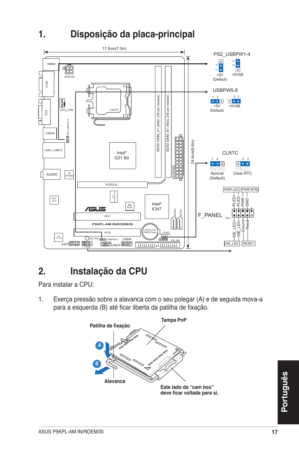 Disposição da placa-principal . instalação da cpu, Português, F_panel | Asus p5kpl-am in/roem/si, Clrtc, Ps2_usbpw1-4, Usbpw5-8 | Asus P5KPL-AM IN/ROEM/SI User Manual | Page 17 / 38