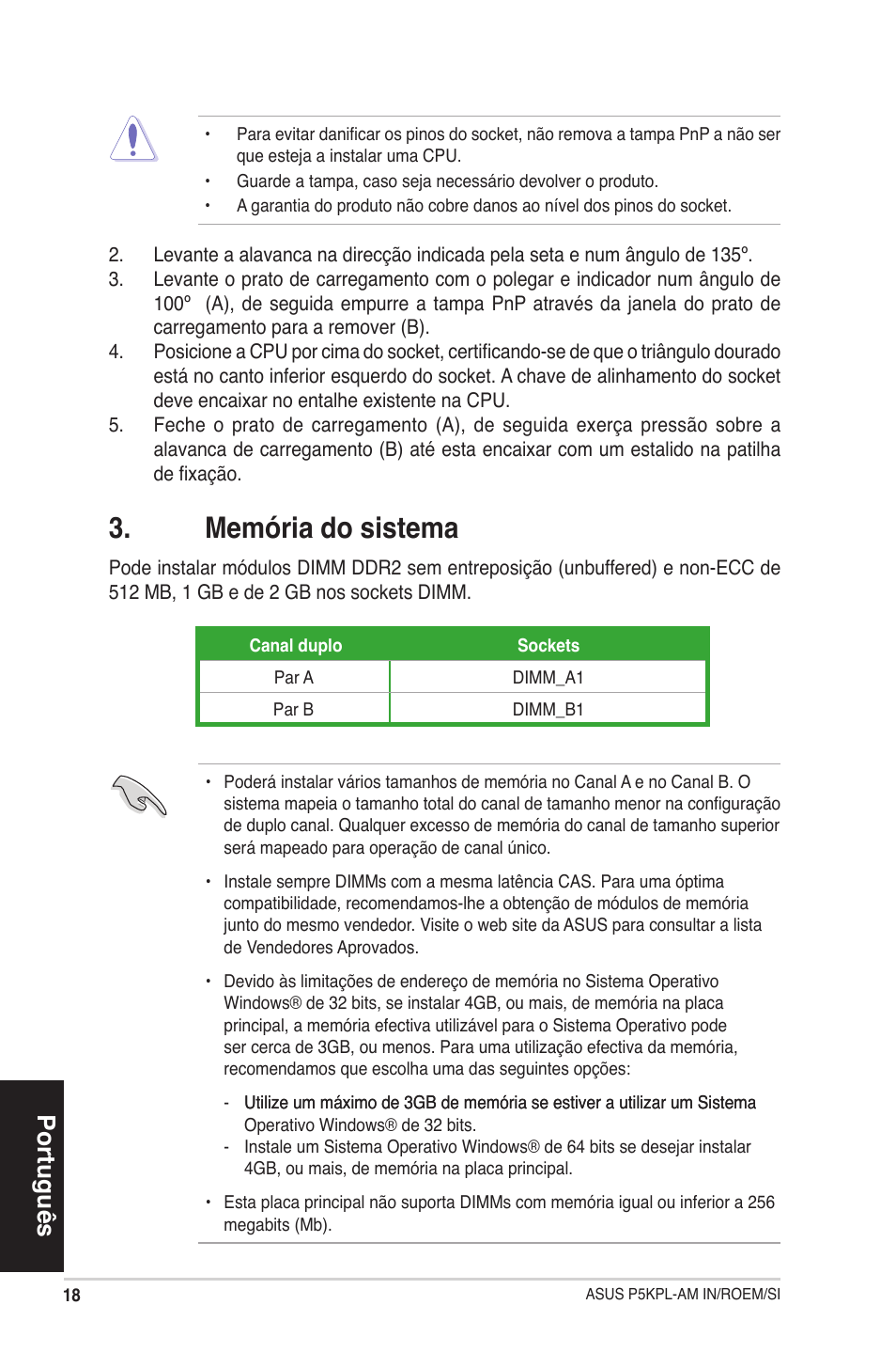 Memória do sistema, Português | Asus P5KPL-AM IN/ROEM/SI User Manual | Page 18 / 38