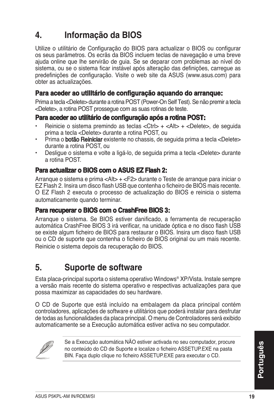 Informação da bios, Suporte de software, Português | Asus P5KPL-AM IN/ROEM/SI User Manual | Page 19 / 38