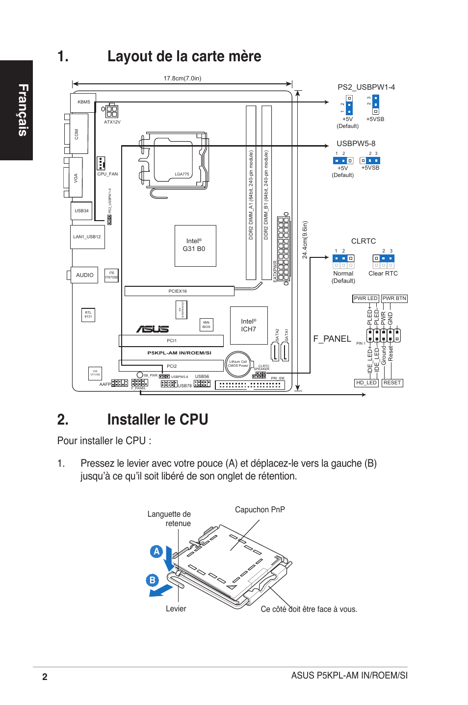 Installer le cpu, Layout de la carte mère, Français | Asus p5kpl-am in/roem/si a b, F_panel, Clrtc, Ps2_usbpw1-4, Usbpw5-8 | Asus P5KPL-AM IN/ROEM/SI User Manual | Page 2 / 38