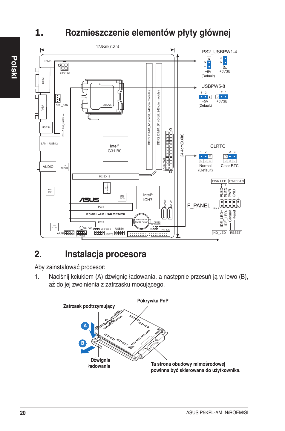 Polski, F_panel, Asus p5kpl-am in/roem/si | Clrtc, Ps2_usbpw1-4, Usbpw5-8 | Asus P5KPL-AM IN/ROEM/SI User Manual | Page 20 / 38