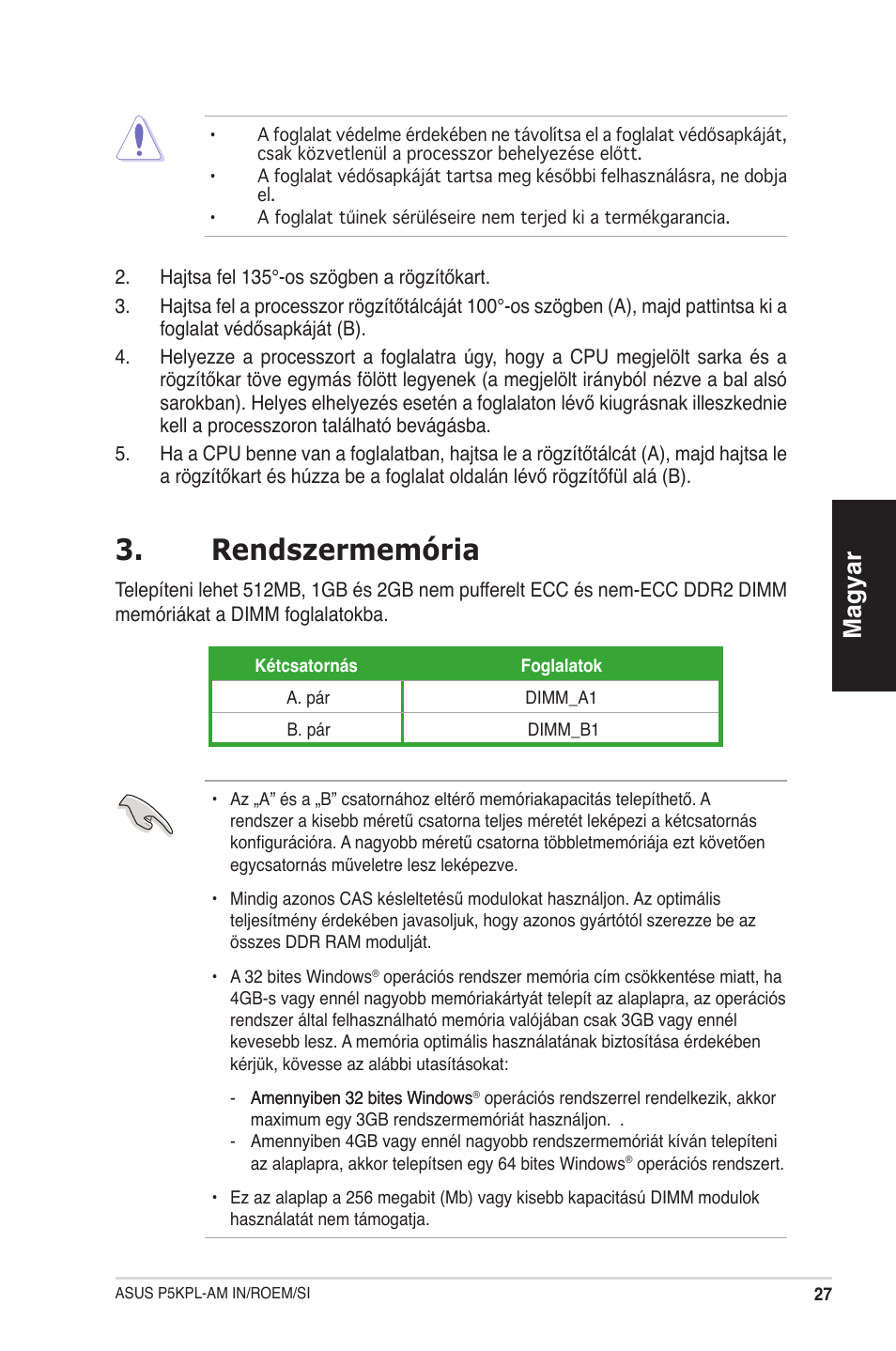 Rendszermemória, Magyar | Asus P5KPL-AM IN/ROEM/SI User Manual | Page 27 / 38