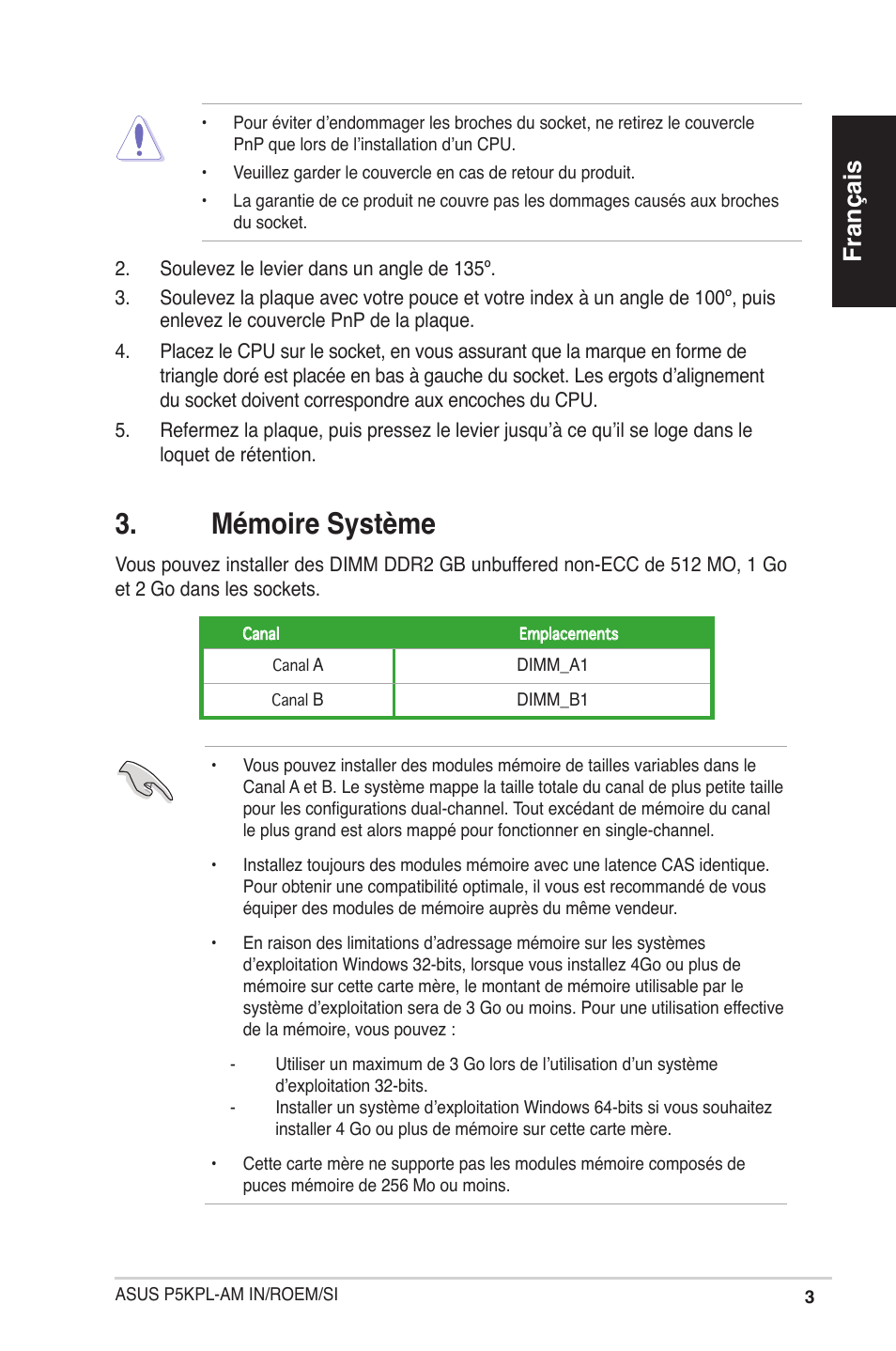 Mémoire système, Français | Asus P5KPL-AM IN/ROEM/SI User Manual | Page 3 / 38