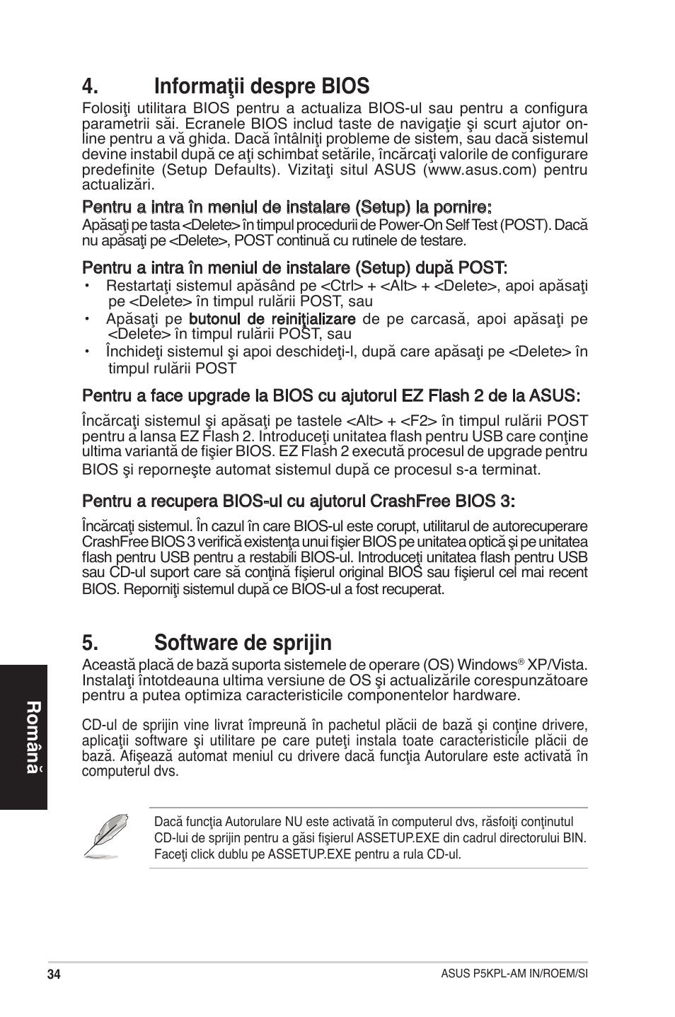 Informaţii despre bios, Software de sprijin, Română | Asus P5KPL-AM IN/ROEM/SI User Manual | Page 34 / 38