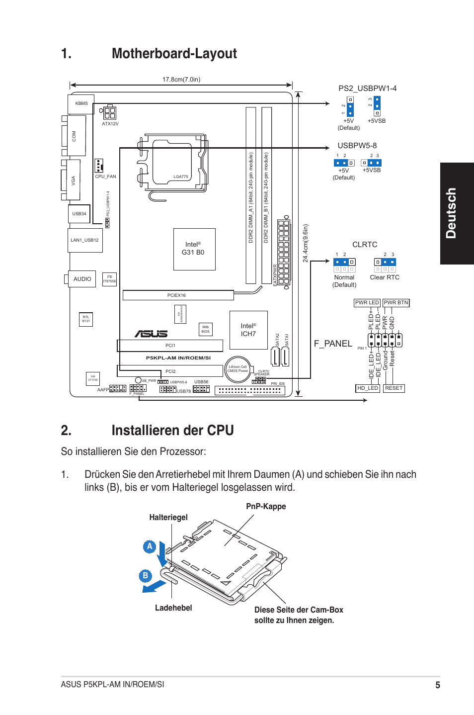 Motherboard-layout . installieren der cpu, Deutsch, F_panel | Asus p5kpl-am in/roem/si, Clrtc, Ps2_usbpw1-4, Usbpw5-8 | Asus P5KPL-AM IN/ROEM/SI User Manual | Page 5 / 38