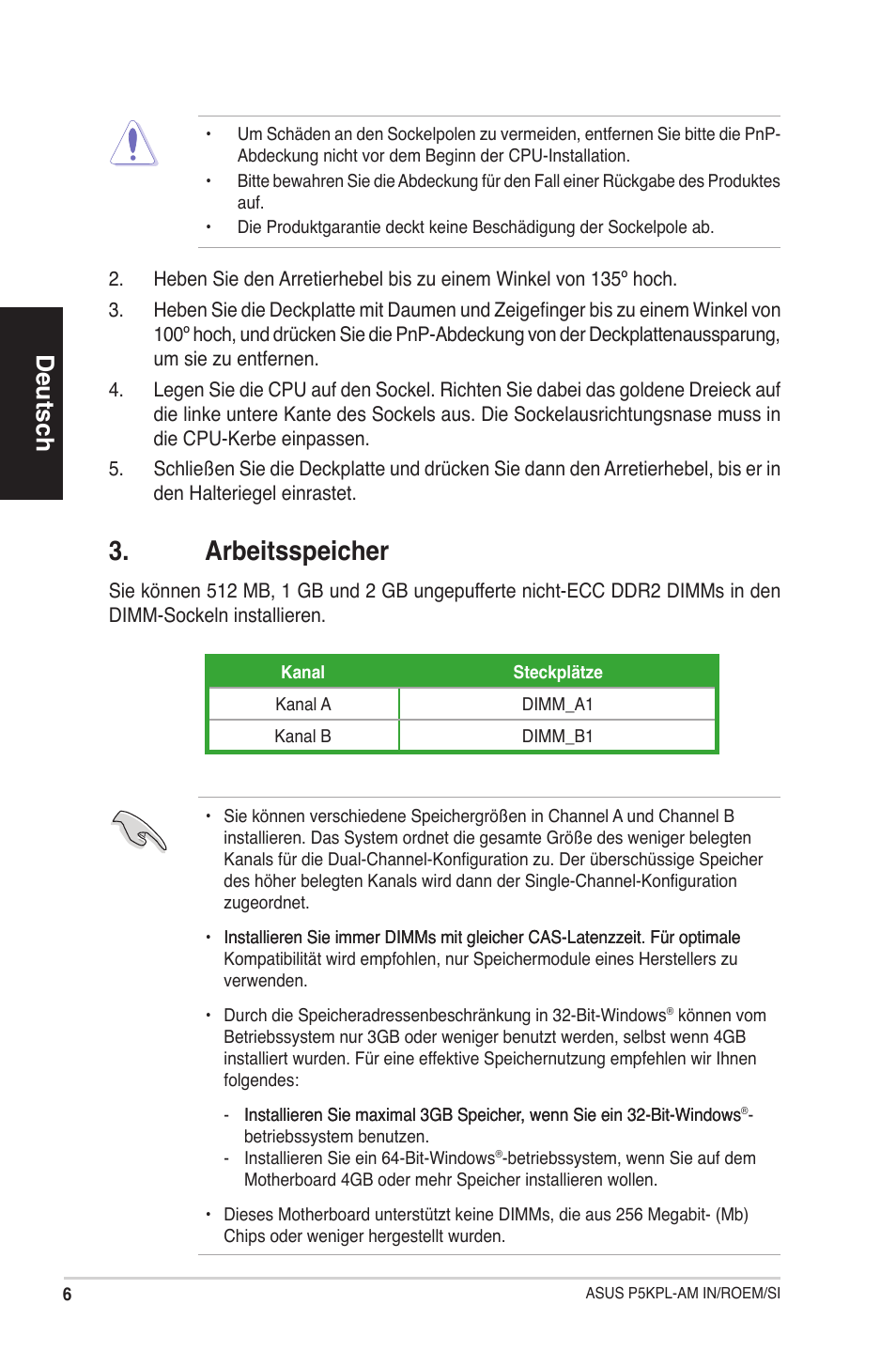 Arbeitsspeicher, Deutsch | Asus P5KPL-AM IN/ROEM/SI User Manual | Page 6 / 38