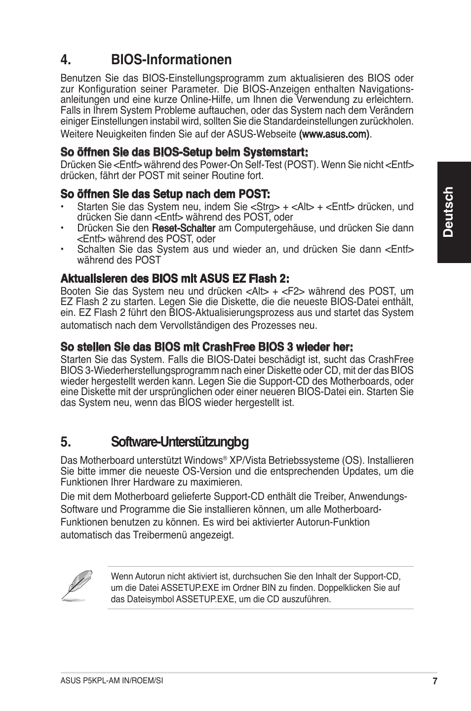 Bios-informationen, Software-unterstützungbg, Deutsch | Asus P5KPL-AM IN/ROEM/SI User Manual | Page 7 / 38