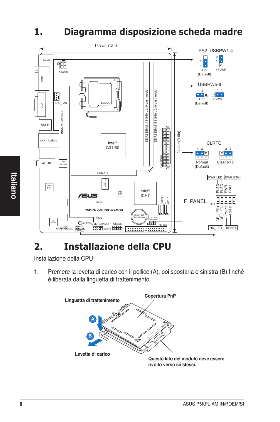 Italiano, F_panel, Asus p5kpl-am in/roem/si | Clrtc, Ps2_usbpw1-4, Usbpw5-8 | Asus P5KPL-AM IN/ROEM/SI User Manual | Page 8 / 38