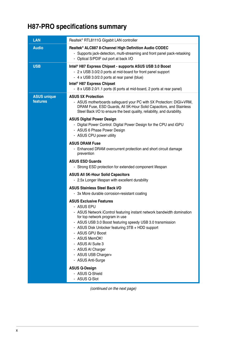 H87-pro specifications summary | Asus H87-PRO User Manual | Page 10 / 140