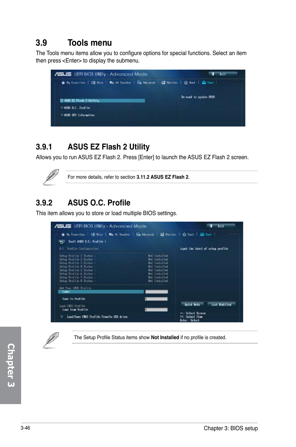 9 tools menu, 1 asus ez flash 2 utility, 2 asus o.c. profile | Tools menu -46 3.9.1, Asus ez flash 2 utility -46, Asus o.c. profile -46, Chapter 3 3.9 tools menu | Asus H87-PRO User Manual | Page 101 / 140