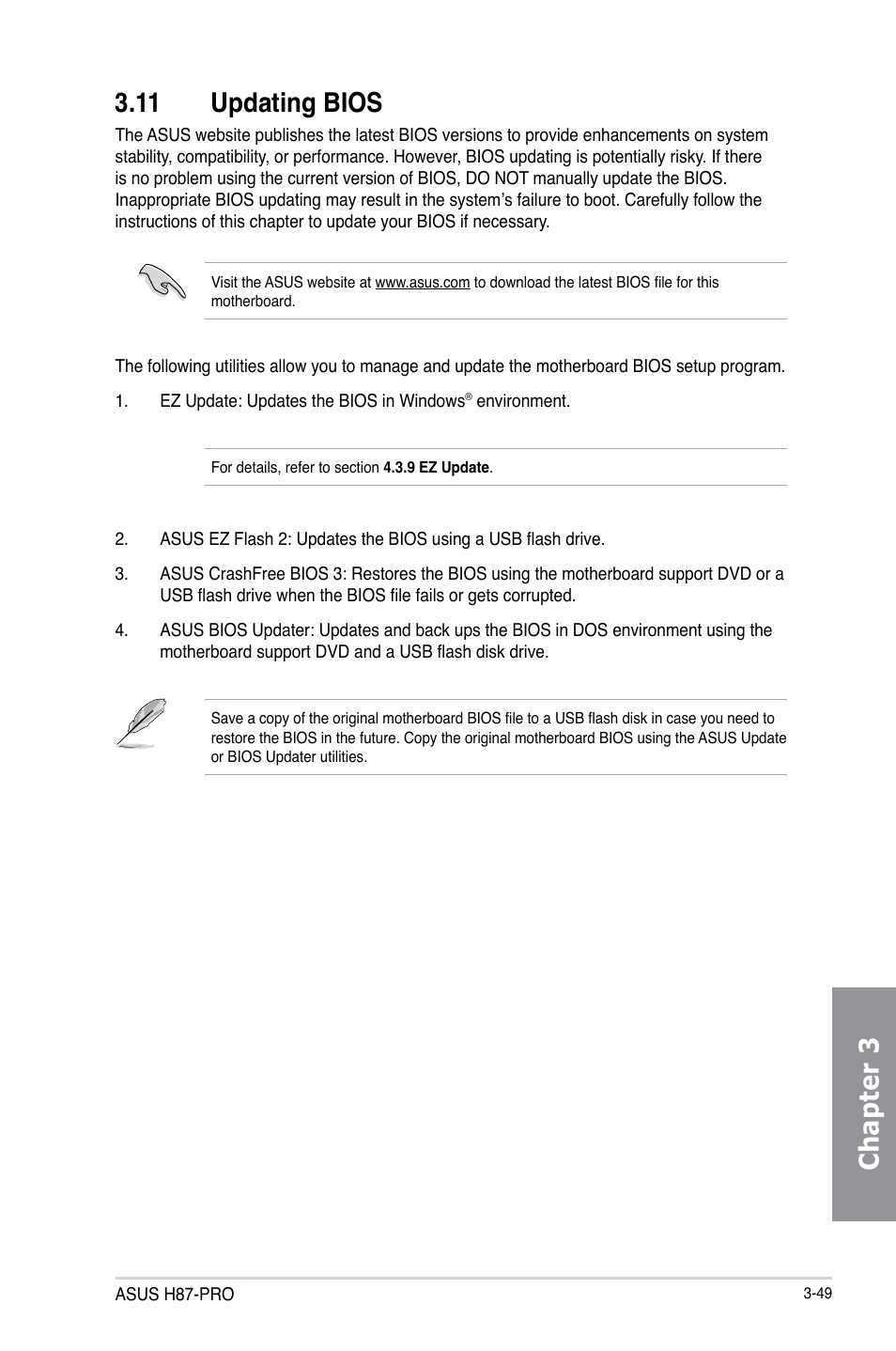 11 updating bios, Updating bios -49, Chapter 3 3.11 updating bios | Asus H87-PRO User Manual | Page 104 / 140