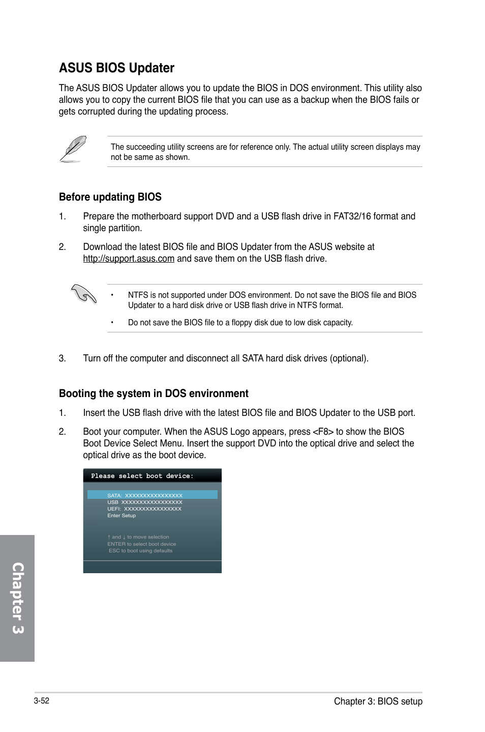 Chapter 3, Asus bios updater, Before updating bios | Booting the system in dos environment, Chapter 3: bios setup | Asus H87-PRO User Manual | Page 107 / 140