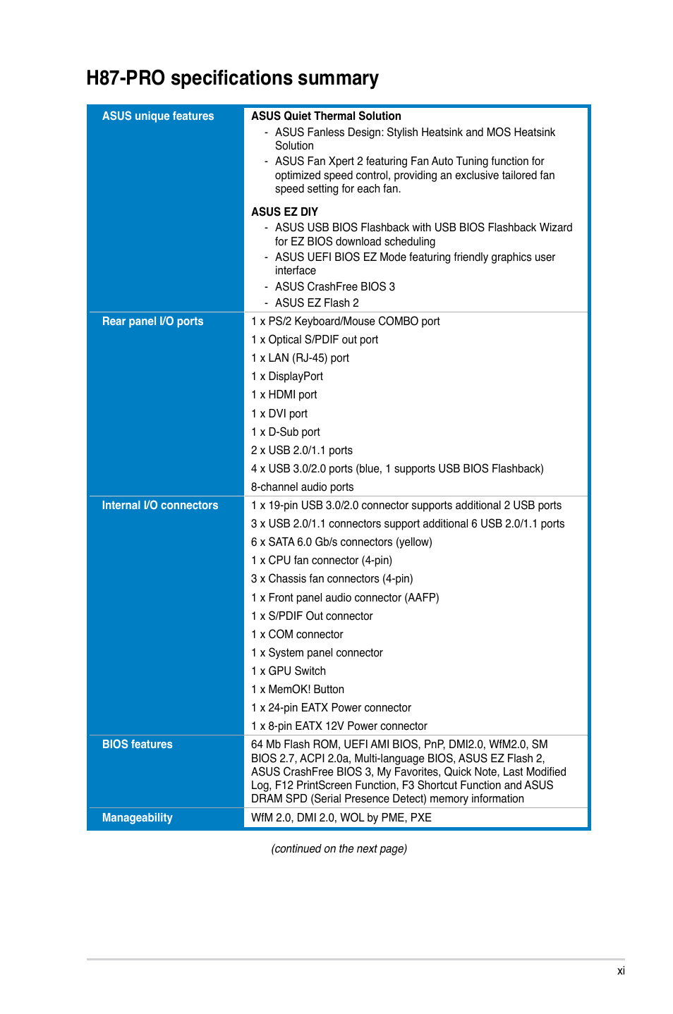 H87-pro specifications summary | Asus H87-PRO User Manual | Page 11 / 140