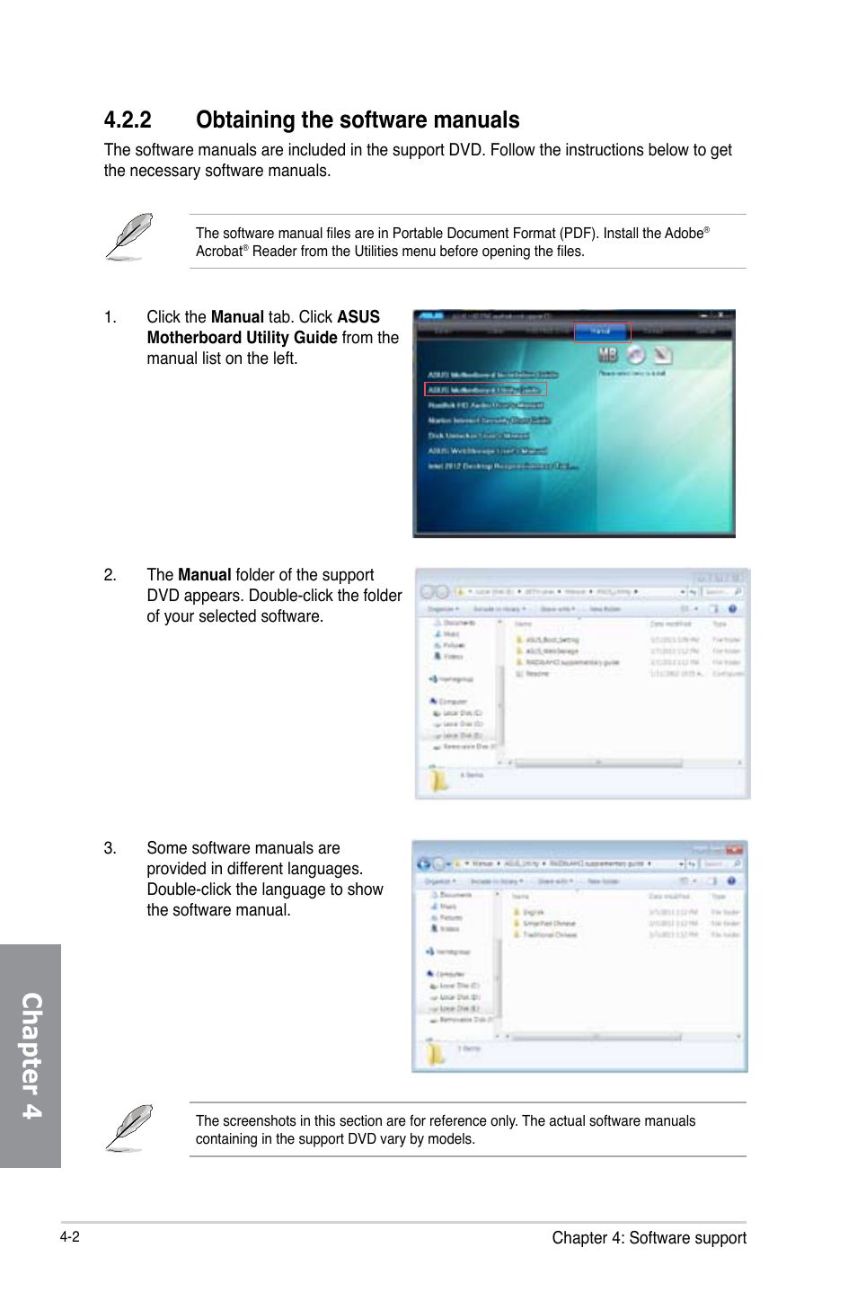 2 obtaining the software manuals, Obtaining the software manuals -2, Chapter 4 | Asus H87-PRO User Manual | Page 111 / 140