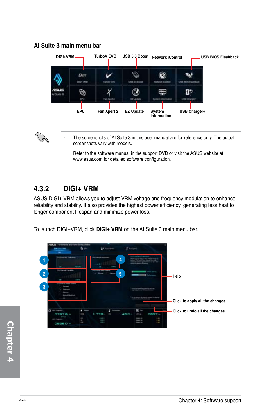 2 digi+ vrm, Digi+ vrm -4, Chapter 4 | Ai suite 3 main menu bar | Asus H87-PRO User Manual | Page 113 / 140