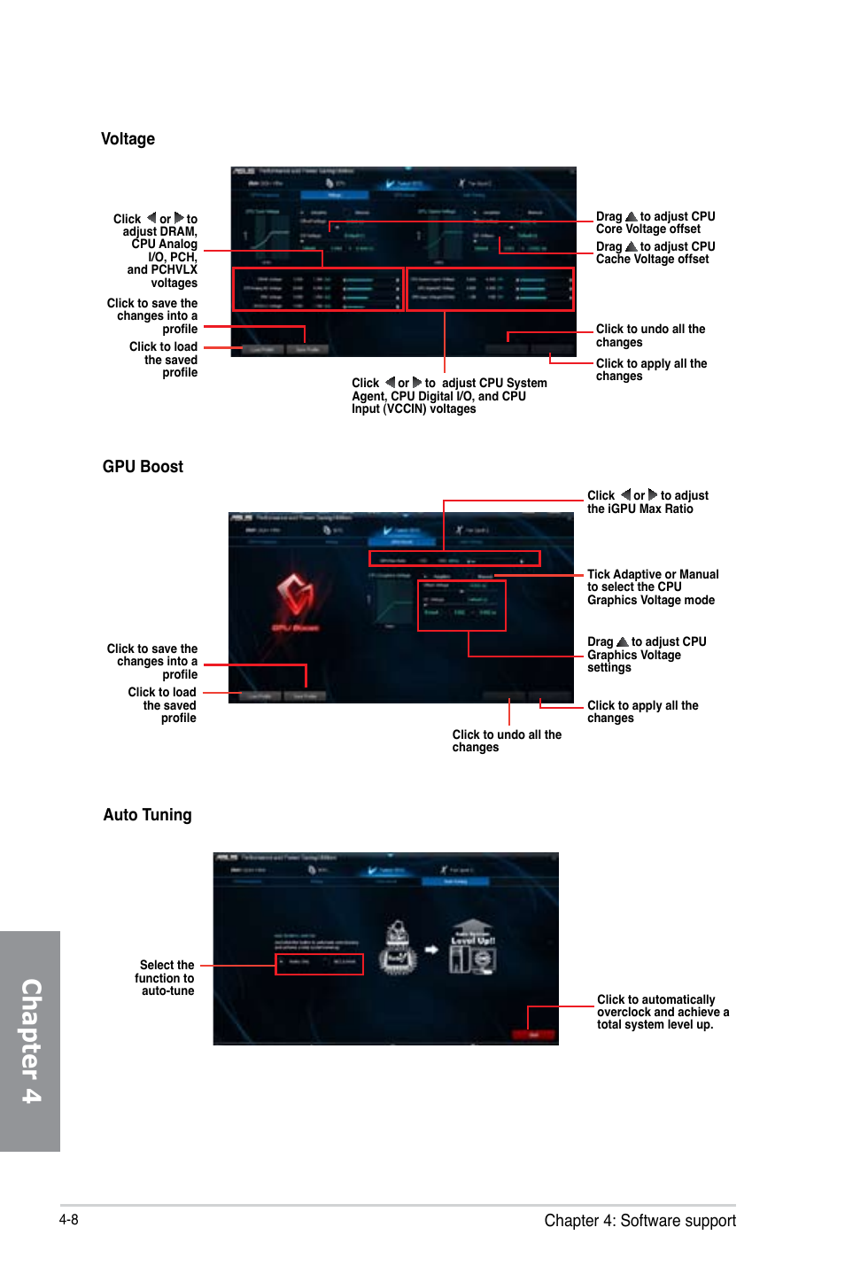 Chapter 4, Chapter 4: software support, Voltage | Gpu boost, Auto tuning | Asus H87-PRO User Manual | Page 117 / 140