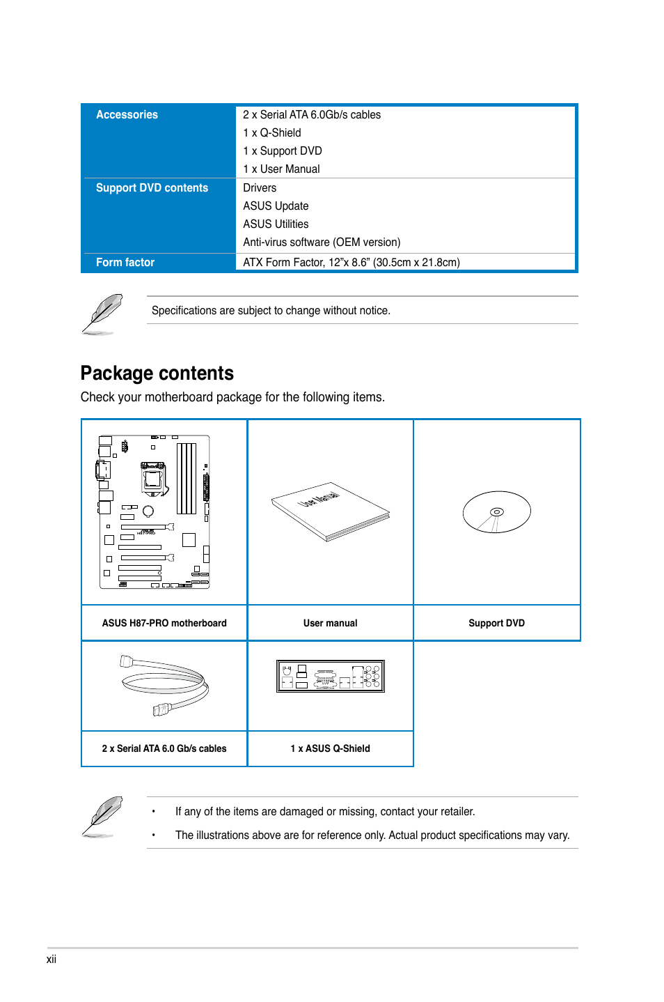 Package contents | Asus H87-PRO User Manual | Page 12 / 140