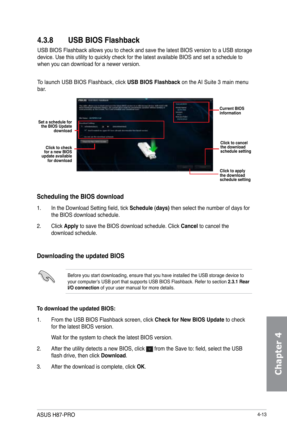 8 usb bios flashback, Usb bios flashback -13, Chapter 4 | Asus H87-PRO User Manual | Page 122 / 140