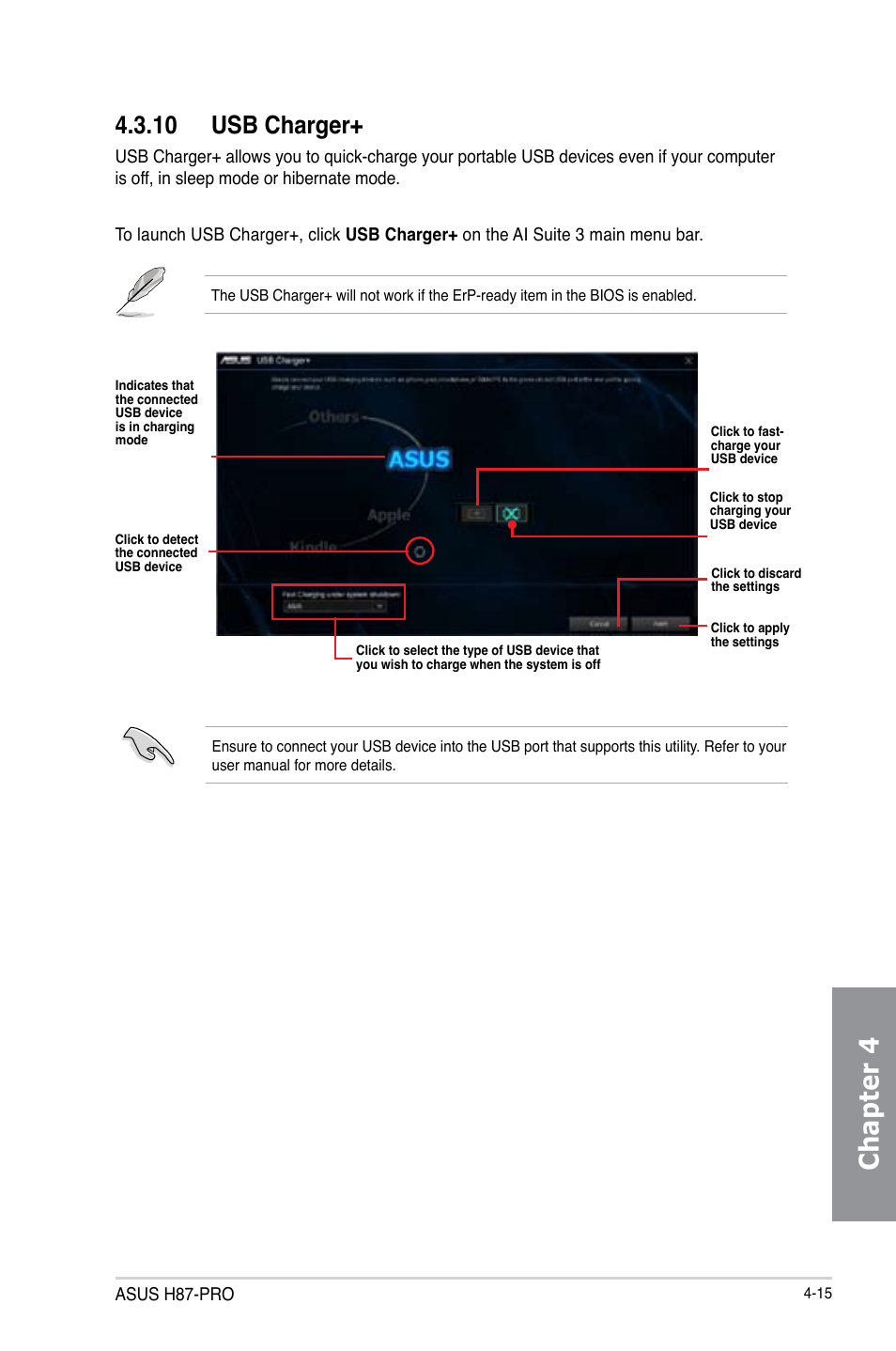 10 usb charger, Usb charger+ -15, Chapter 4 | Asus H87-PRO User Manual | Page 124 / 140