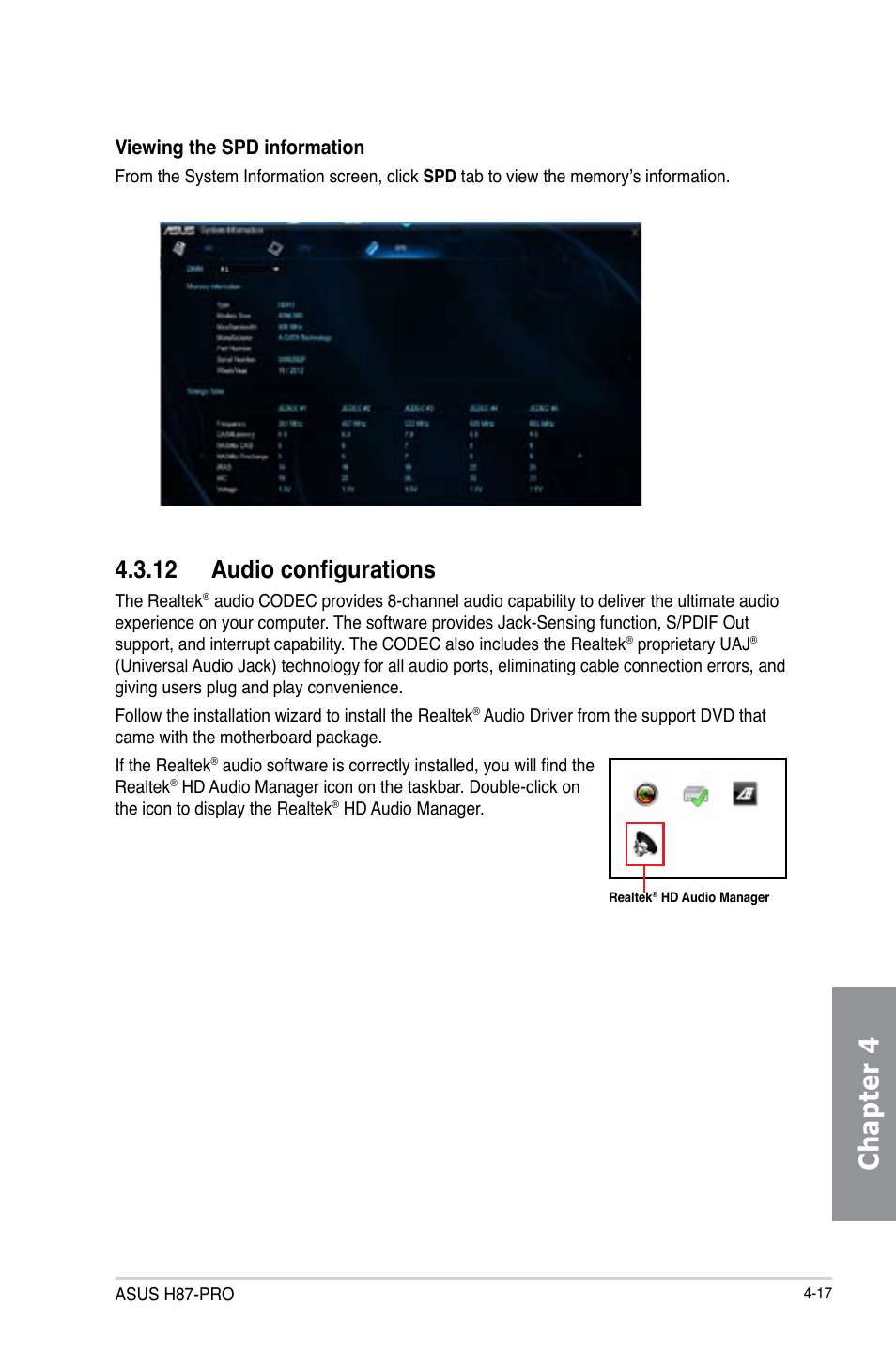 12 audio configurations, Audio configurations -17, Chapter 4 | Viewing the spd information | Asus H87-PRO User Manual | Page 126 / 140