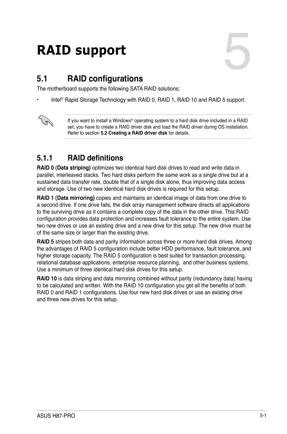 Chapter 5: raid support, 1 raid configurations, 1 raid definitions | Raid support, Raid configurations -1 5.1.1, Raid definitions -1, Chapter 5 | Asus H87-PRO User Manual | Page 128 / 140