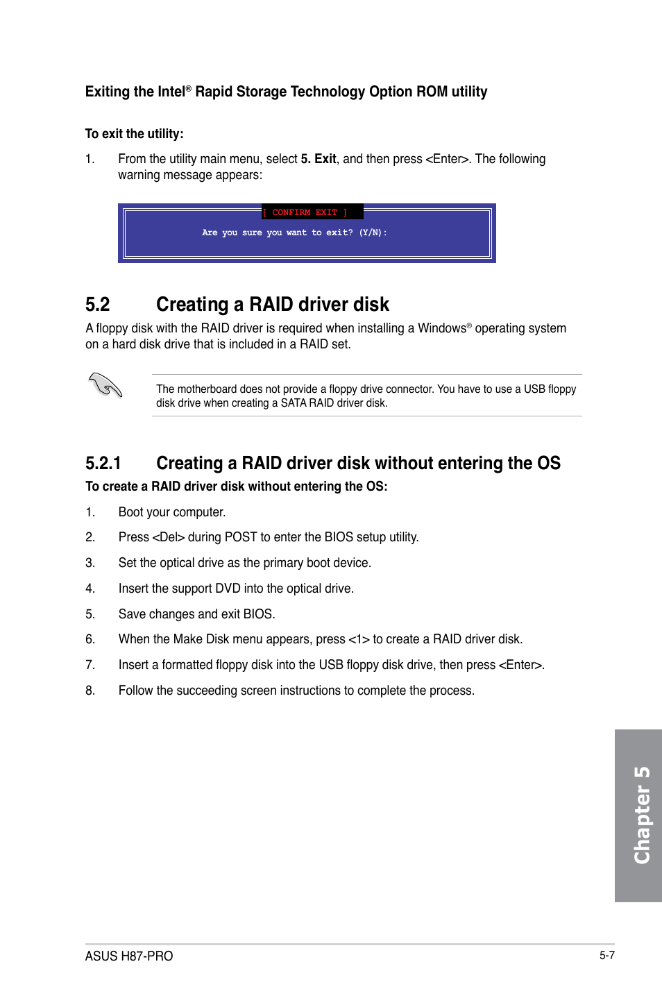 2 creating a raid driver disk, Creating a raid driver disk -7 5.2.1, Chapter 5 | Asus H87-PRO User Manual | Page 134 / 140