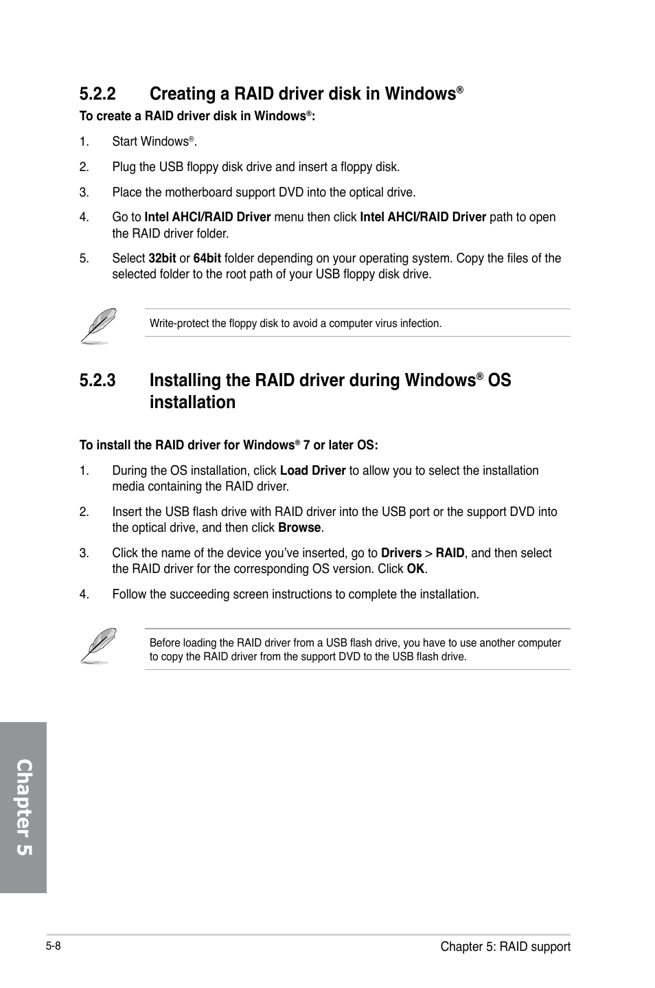 2 creating a raid driver disk in windows, Creating a raid driver disk in windows, Installing the raid driver during windows | Os installation -8, Chapter 5, 3 installing the raid driver during windows, Os installation | Asus H87-PRO User Manual | Page 135 / 140