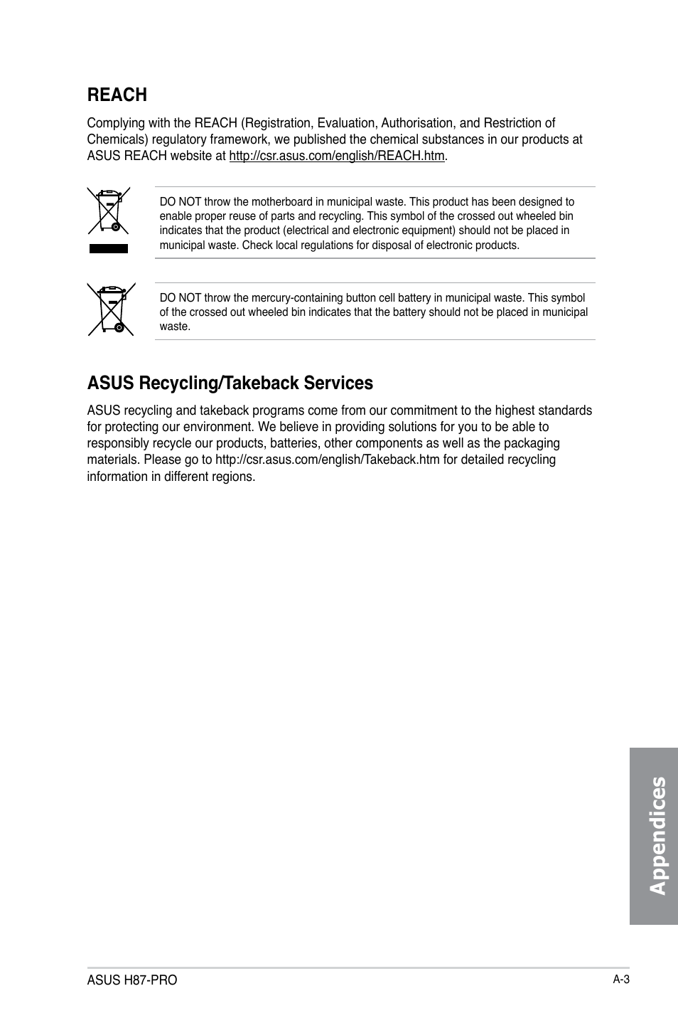 Appendices, Reach, Asus recycling/takeback services | Asus H87-PRO User Manual | Page 138 / 140