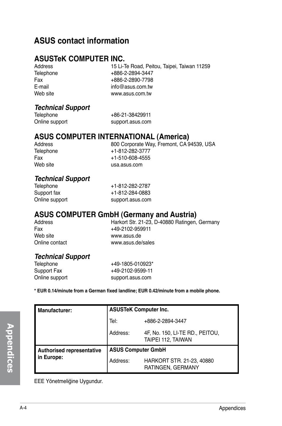 Asus contact information, Appendices asus contact information, Asustek computer inc | Asus computer international (america), Asus computer gmbh (germany and austria), Technical support | Asus H87-PRO User Manual | Page 139 / 140