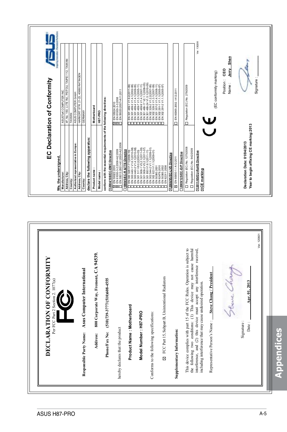 Appendices, Declaration of conformity, Asus h87-pro | Ec declaration of conformity, Asu s c om pu te r in te rn at io na l | Asus H87-PRO User Manual | Page 140 / 140