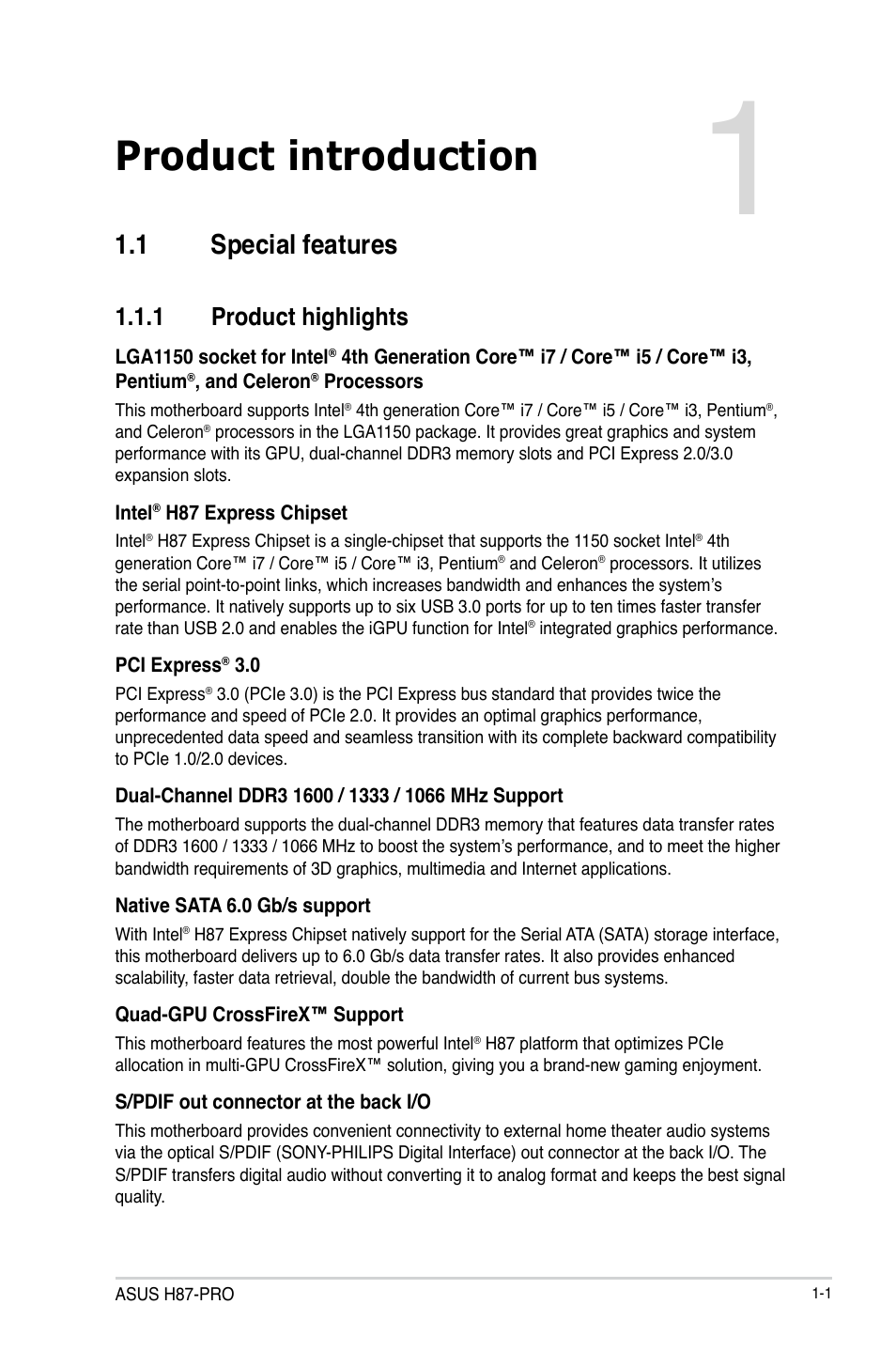 Chapter 1: product introduction, 1 special features, 1 product highlights | Product introduction, Special features -1 1.1.1, Product highlights -1, Chapter 1 | Asus H87-PRO User Manual | Page 15 / 140