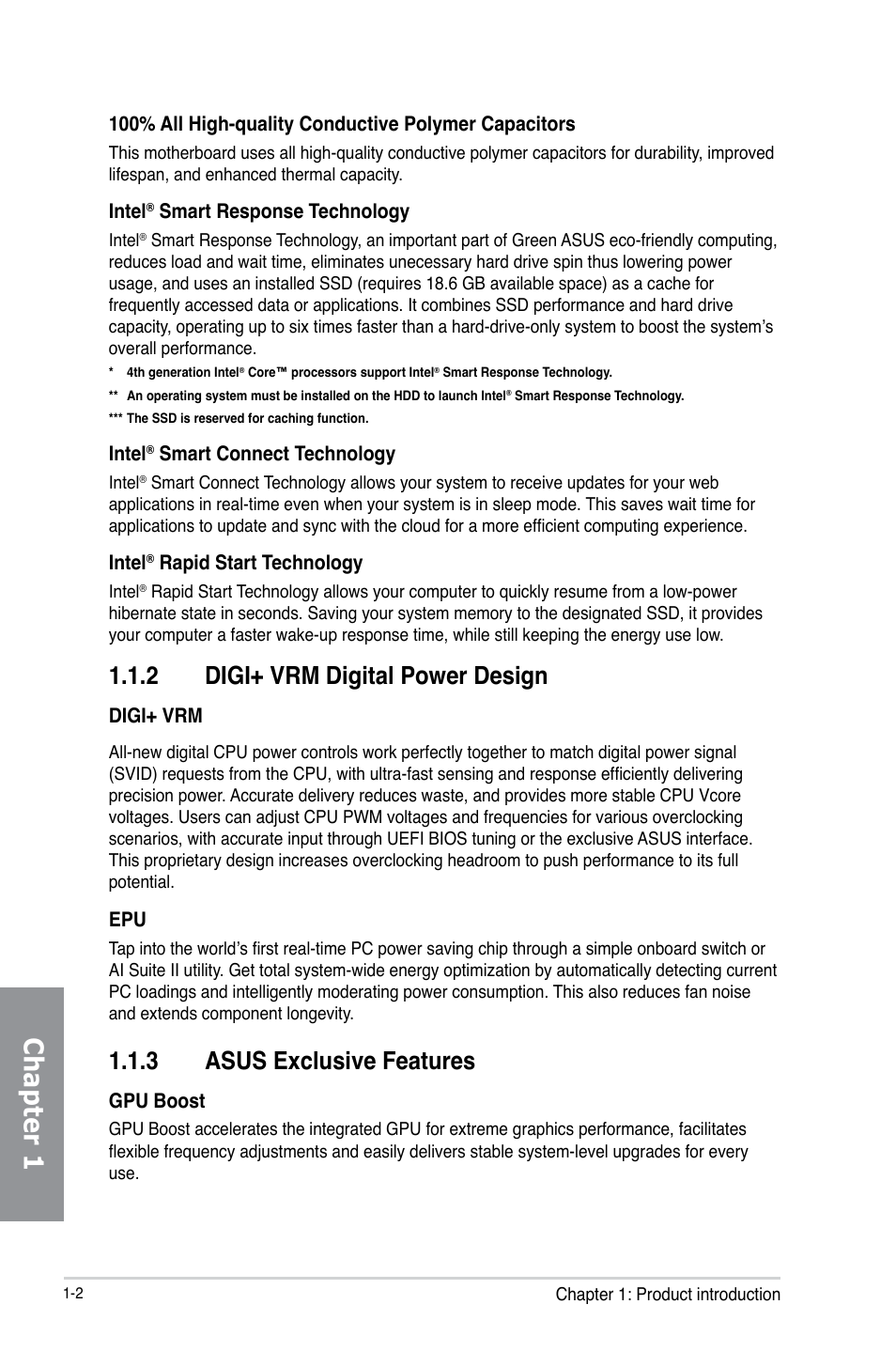 2 digi+ vrm digital power design, 3 asus exclusive features, Digi+ vrm digital power design -2 | Asus exclusive features -2, Chapter 1 | Asus H87-PRO User Manual | Page 16 / 140