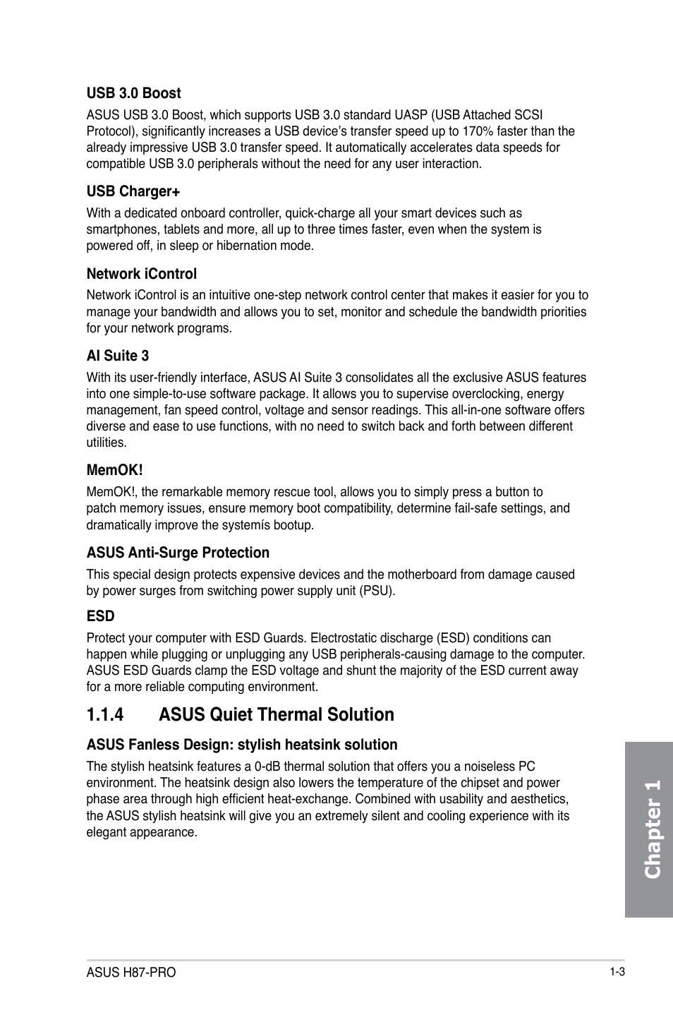 4 asus quiet thermal solution, Asus quiet thermal solution -3, Chapter 1 | Asus H87-PRO User Manual | Page 17 / 140